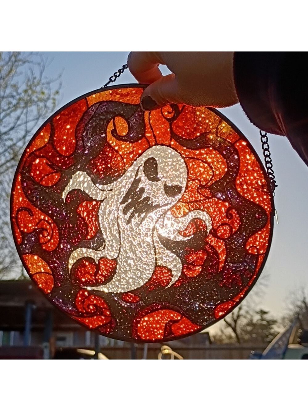 2/$20 Halloween Ghost Stained Glass-Style Hanging Wall Art, Orange - Picture 6 of 6